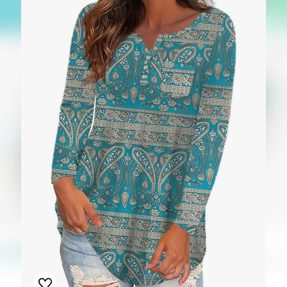 Ushdele Women's Plus Size Tops V Neck Button Henley Floral Casual Tunic Tops